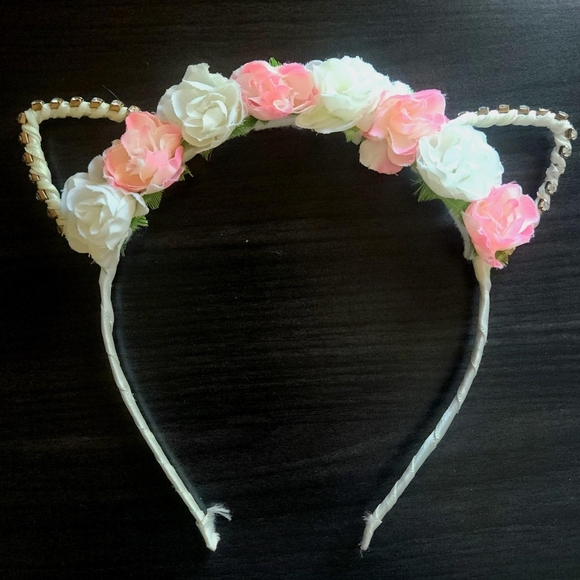 Floral Mcbling Kitty Kitten Cat Ears Flower Crown Headband Hairband Accessory - Picture 2 of 3